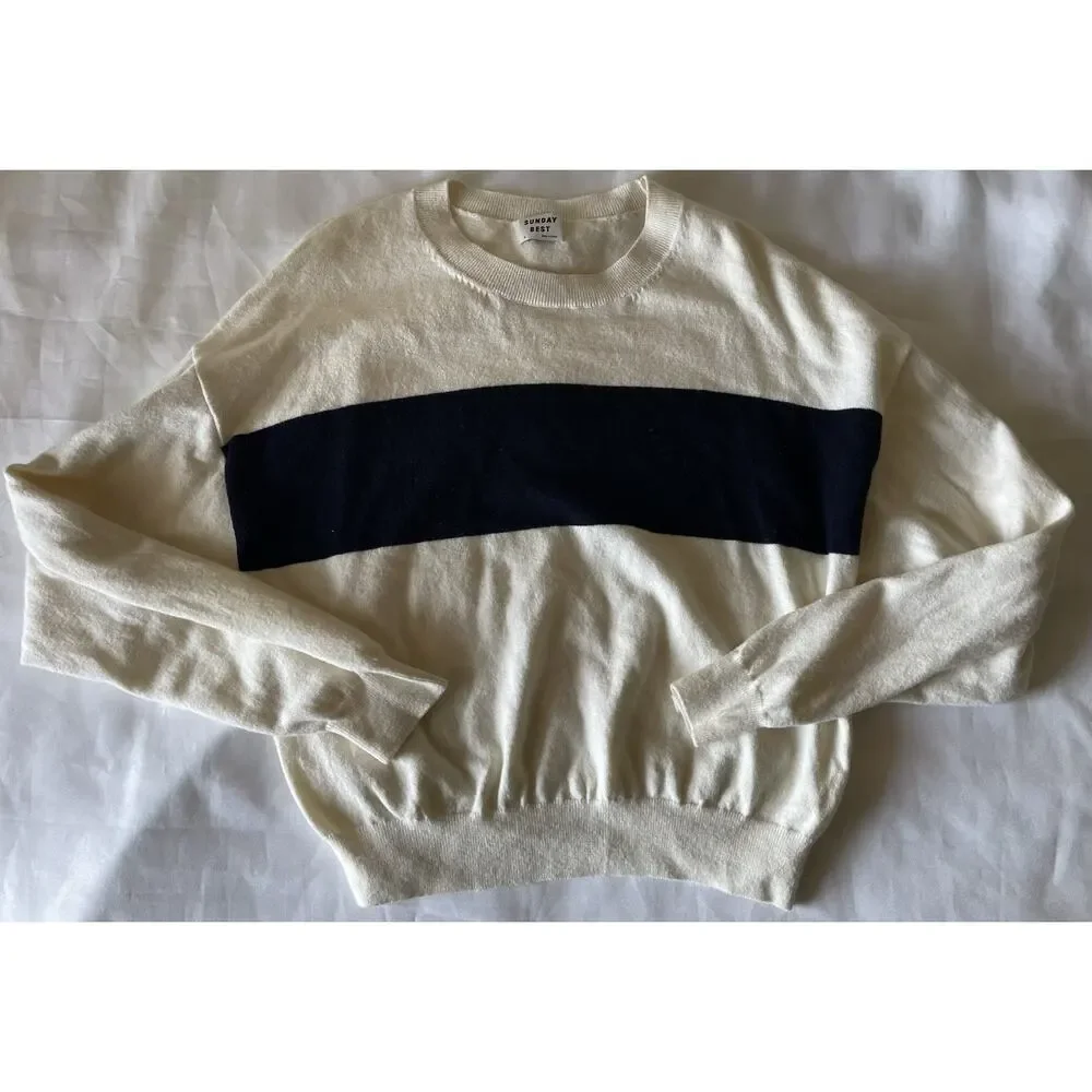 SUNDAY BEST X Aritzia Color Block Navy Stripe Sweater Cream Medium - Picture 1 of 9